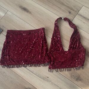 Red Sequin Halter Crop Top & Mini Skirt Set